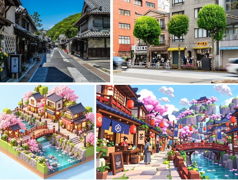 日本の駅前や商店街を再現した、親しみやすい3Dワールドのイメージ画像